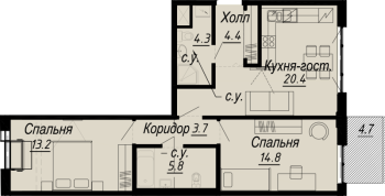 3 ккв (Евро) № 7.19.8 Дом: 27 , Секция 8  в ЖК Meltzer Hall