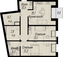 2 ккв № 7.14.5 Дом: 27 , Секция 5  в ЖК Meltzer Hall