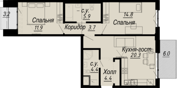 3 ккв (Евро) № 7.20.9 Дом: 27 , Секция 9  в ЖК Meltzer Hall