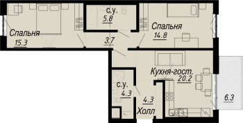 3 ккв (Евро) № 3.22.9 Дом: 27 , Секция 9  в ЖК Meltzer Hall