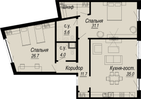 2 ккв № 3.12.4 Дом: 27 , Секция 4  в ЖК Meltzer Hall