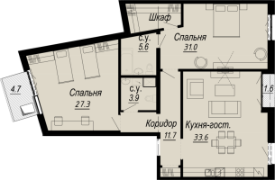 2 ккв № 4.13.4 Дом: 27 , Секция 4  в ЖК Meltzer Hall