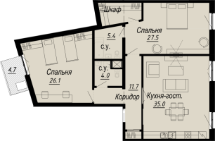 2 ккв № 6.13.4 Дом: 27 , Секция 4  в ЖК Meltzer Hall