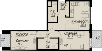 3 ккв (Евро) № 7.25.10 Дом: 27 , Секция 10  в ЖК Meltzer Hall