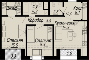 3 ккв (Евро) № 7.6.2 Дом: 27 , Секция 2  в ЖК Meltzer Hall