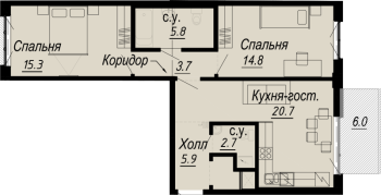 3 ккв (Евро) № 4.30.11 Дом: 27 , Секция 11  в ЖК Meltzer Hall