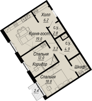 3 ккв (Евро) № 6.3.1 Дом: 27 , Секция 1  в ЖК Meltzer Hall