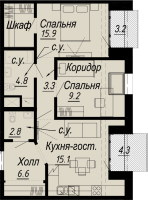 3 ккв (Евро) № 7.9.3 Дом: 27 , Секция 3  в ЖК Meltzer Hall