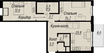 3 ккв (Евро) № 7.26.11 Дом: 27 , Секция 11  в ЖК Meltzer Hall