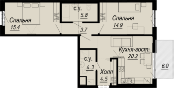 3 ккв (Евро) № 4.23.9 Дом: 27 , Секция 9  в ЖК Meltzer Hall