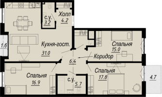 4 ккв (Евро) № 5.25.9 Дом: 27 , Секция 9  в ЖК Meltzer Hall