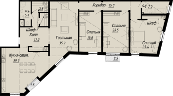 5 ккв (Евро) № 6.7.2 Дом: 27 , Секция 2  в ЖК Meltzer Hall