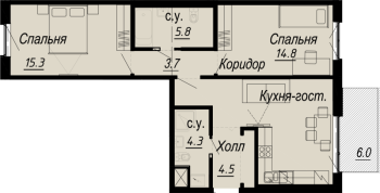 3 ккв (Евро) № 6.22.9 Дом: 27 , Секция 9  в ЖК Meltzer Hall