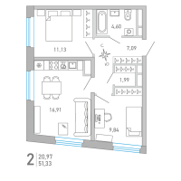 3 ккв (Евро) № 152 Корп.: 1 , Секция 4  в ЖК Министр