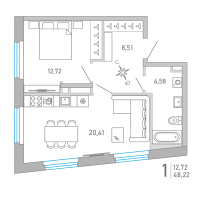 2 ккв (Евро) № 3 Корп.: 1 , Секция 1  в ЖК Министр