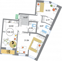 3 ккв (Евро) № 444 Корп.: 3 , Секция 12  в ЖК Modum