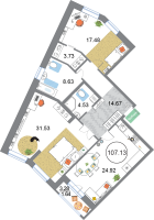 3 ккв (Евро) № 499 Корп.: 3 , Секция 13  в ЖК Modum