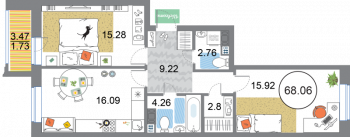 2 ккв № 134 Корп.: 3 , Секция 4  в ЖК Modum