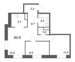 2 ккв № 109 Корп.: 3 , Секция 1  в ЖК Моисеенко 10