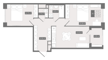 3 ккв (Евро) № 68 Корп.: 1 , Секция 2  в ЖК N8