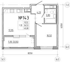 2 ккв (Евро) № 143 Корп.: 1 , Секция 3  в ЖК N8