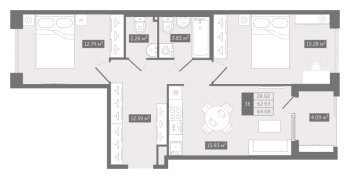 3 ккв (Евро) № 60 Корп.: 1 , Секция 2  в ЖК N8
