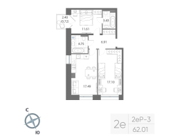 3 ккв (Евро) № 501 Корп.: 1 , Секция 16  в ЖК Нева Арт
