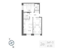 3 ккв (Евро) № 475 Корп.: 1 , Секция 16  в ЖК Нева Арт