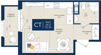 Студия № 250 Корп.: 2.А , Секция 6  в ЖК Новатория