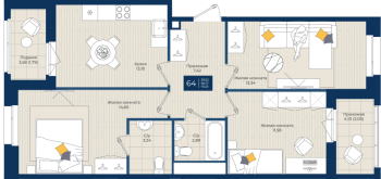 3 ккв № 64 Корп.: 1.А , Секция 2  в ЖК Новатория
