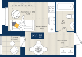 Студия № 195 Корп.: 1.А , Секция 4  в ЖК Новатория