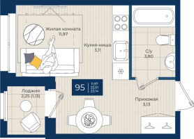 Студия № 95 Корп.: 1.А , Секция 3  в ЖК Новатория