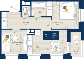2 ккв № 4 Корп.: 2.Б , Секция 1  в ЖК Новатория