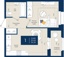 1 ккв № 313 Корп.: 2.А , Секция 7  в ЖК Новатория
