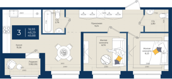 3 ккв (Евро) № 82 Корп.: 2.А , Секция 3  в ЖК Новатория