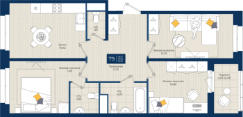 3 ккв № 79 Корп.: 1.А , Секция 3  в ЖК Новатория