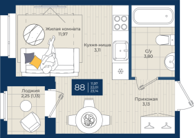 Студия № 88 Корп.: 1.А , Секция 3  в ЖК Новатория