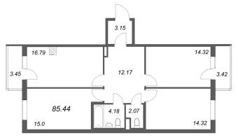 3 ккв № 1-60 Корп.: 9.1 , Секция 2  в ЖК Новая история