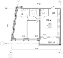 3 ккв (Евро) № 64 Корп.: 1 , Секция 2  в ЖК Новгородская 8