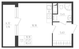 Студия № 48 Корп.: 1 , Секция 1  в ЖК Новикола