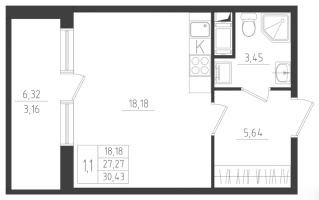 Студия № 42 Корп.: 1 , Секция 1  в ЖК Новикола