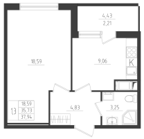 1 ккв № 106 Корп.: 2 , Секция 3  в ЖК Новикола