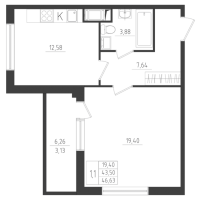 1 ккв № 2 Корп.: 1 , Секция 1  в ЖК Новикола