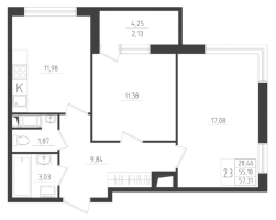 2 ккв № 58 Корп.: 1 , Секция 2  в ЖК Новикола