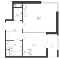 2 ккв (Евро) № 163 Корп.: 2 , Секция 4  в ЖК Новикола