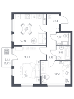 2 ккв № 423 Корп.: 37 , Секция 5  в ЖК Новое Колпино