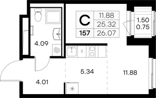 Студия № 157 Корп.: 4 , Секция 1  в ЖК Новоселье
