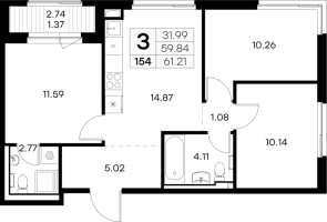3 ккв № 154 Корп.: 4 , Секция 1  в ЖК Новоселье