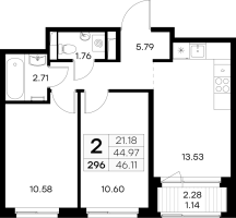 2 ккв № 296 Корп.: 3 , Секция 4  в ЖК Новоселье