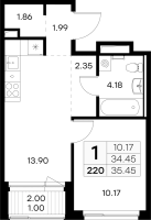 2 ккв (Евро) № 220 Корп.: 3 , Секция 3  в ЖК Новоселье